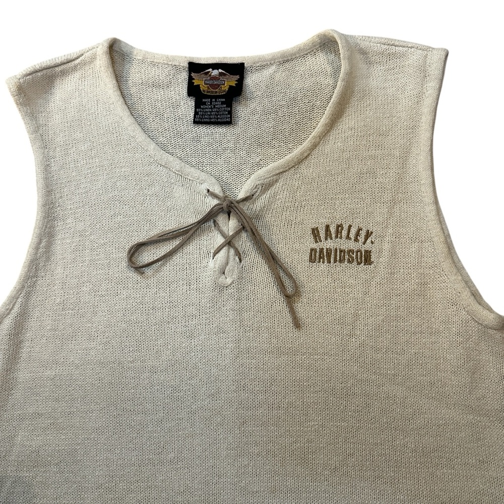 Vintage Harley Davidson Vneck Leather Tie Sweater Tank Ivory Medium - Picture 2 of 6